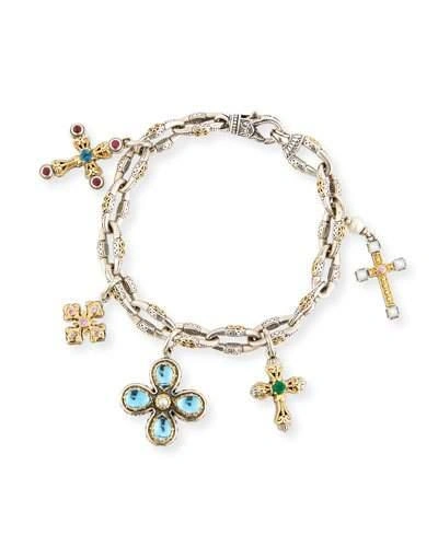 Konstantino Cross Charm Bracelet With Blue Topaz & Pearls In Yellow/silver