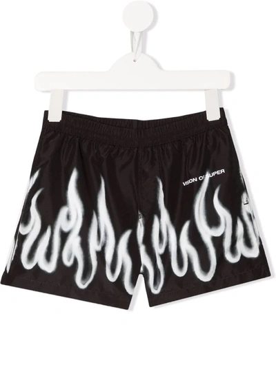 Vision Of Super Teen Flame-print Track Shorts In Black