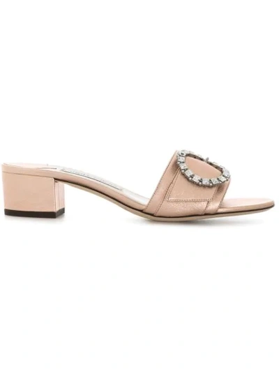 Jimmy Choo Granger 35 Tea Rose Metallic Nappa Mules With Crystal Buckle In Tea Rose/crystal