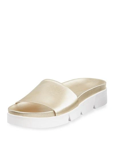 Stuart Weitzman Landslide Metallic Leather Slide Sandal In Gold (cava)