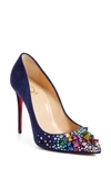 Christian Louboutin Keopomp Velours Embellished Red Sole Pump In Blue Multi