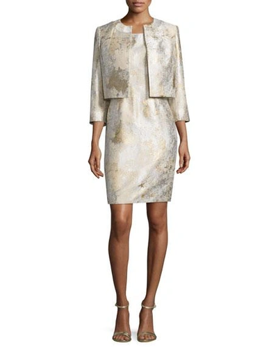Albert Nipon Gold Jacquard Open Jacket And Matching Dress In Gold Sand