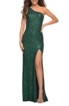 La Femme One Shoulder Luxurious Soft Sequin Dress In Emerald