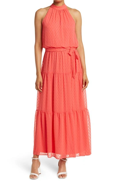 Julia Jordan Mock Neck Three Tier Maxi Dress In Hot Coral
