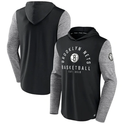 Fanatics Branded Black/heathered Charcoal Brooklyn Nets Deep Rotation Performance Pullover Hoodie In Black,heathered Charcoal