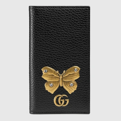 Gucci Leather Zip Around Wallet With Butterfly In Black Leather