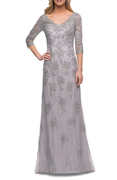 La Femme Embroidered Lace Column Gown In Grey