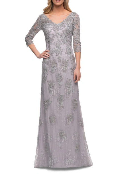 La Femme Embroidered Lace Column Gown In Silver