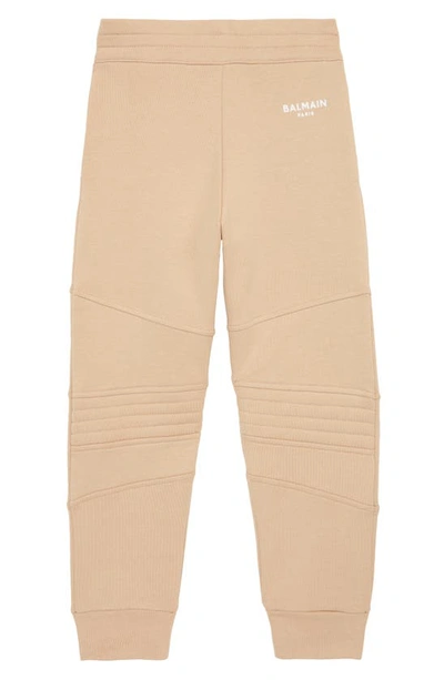 Balmain Kids' Logo Moto Detail Cotton Joggers In 116 Hazelnut