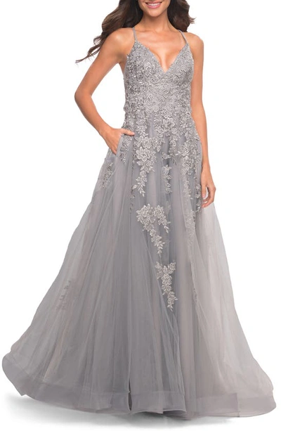 La Femme Lace Embroidered Ballgown In Silver