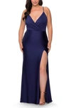 La Femme Jersey Sheath Gown In Navy