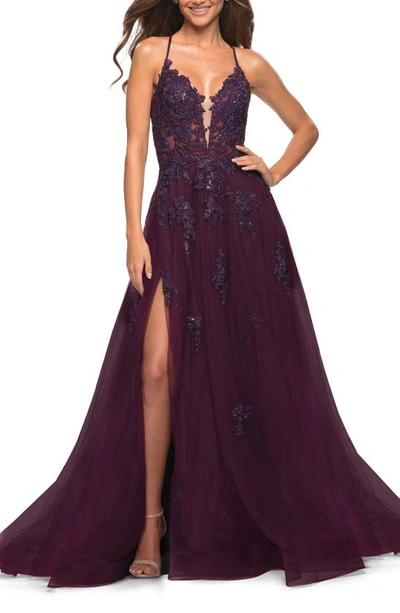 La Femme Floral Embroidered Tulle Ballgown In Dark Berry