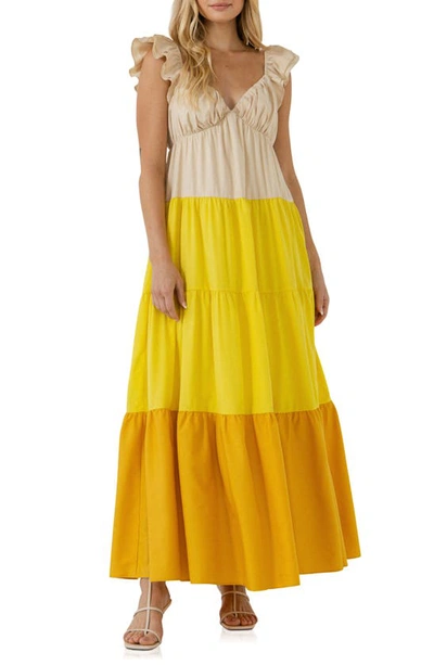 English Factory Colorblock Tiered Maxi Dress In Yellow