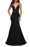 La Femme Sheer Jeweled Bodice Mermaid Lace Dress In Black