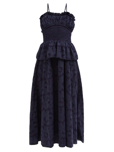 Lug Von Siga Amara Broderie-anglaise Smocked Cotton Dress In Navy Blue
