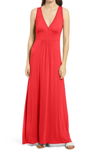 Loveappella V-neck Jersey Maxi Dress In Red Lipstick