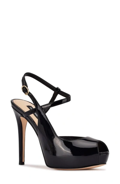 Nine West Hanken Peep Toe Sandal In Black Patent