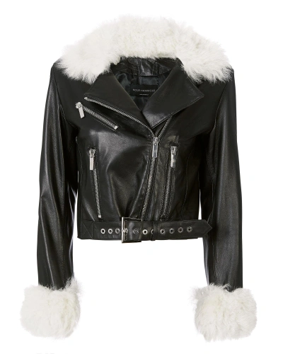 Nour Hammour White Shearling Trim Leather Jacket