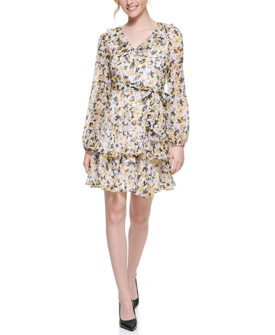 Karl Lagerfeld Ruffled Floral Print Chiffon Tie Waist Mini Dress In Gold Multi