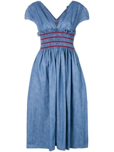 Miu Miu V-neck Smocked Cotton-chambray Dress In Blue