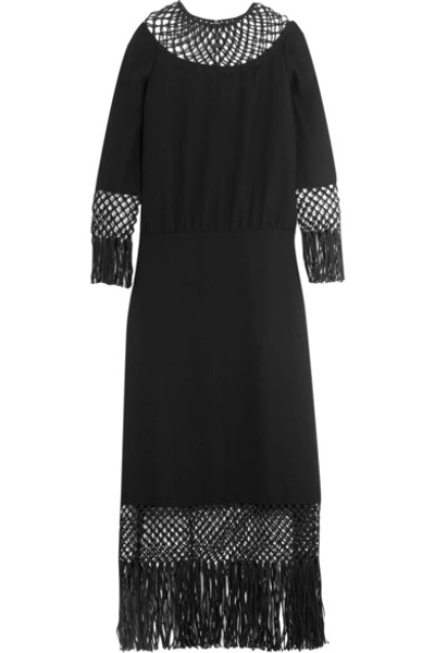 Valentino Fringed Macramé-paneled Silk-crepe Midi Dress In Black