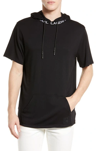 Karl Lagerfeld Short Sleeve Hoodie With Logo At Neck In Black