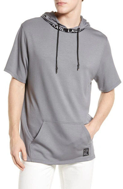 Karl Lagerfeld Short Sleeve Hoodie With Logo At Neck In Gray
