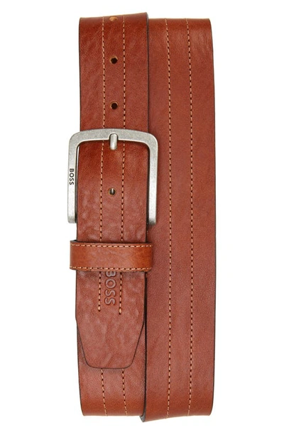 Hugo Boss Stitch Leather Belt In Medium Brown