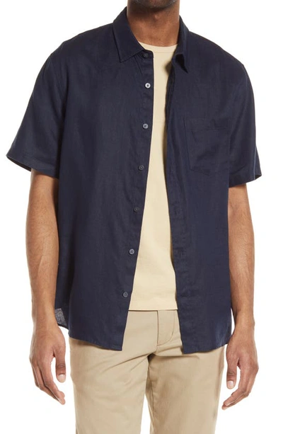 Vince Classic Fit Short Sleeve Linen Shirt In Marine Blue