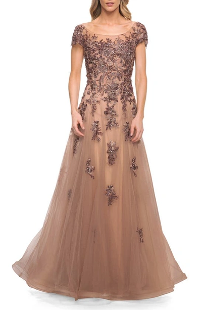 La Femme Floral Embroidered Ballgown In Cocoa