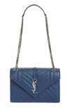 Saint Laurent V Flap Monogram Ysl Medium Envelope Shoulder Bag W/ Silvertone Hardware In Denim Blue