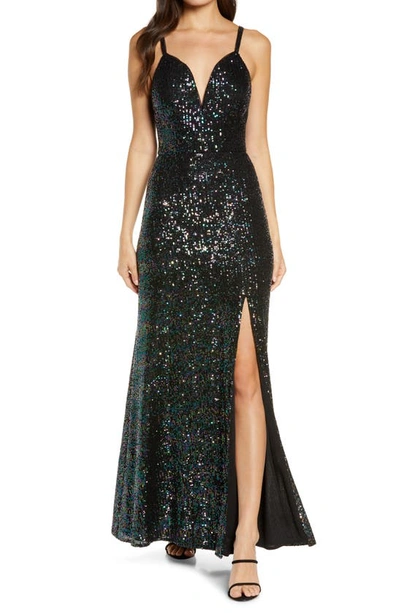 Morgan & Co. Sequin Embellished Gown In Black/ Multi