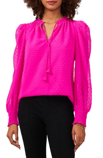 Chaus Swiss Dot Tie Neck Smocked Blouse In Fuchsia Pink