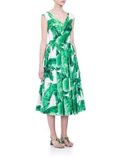 Dolce & Gabbana Cap-sleeve Banana Leaf-print Midi Dress, White/green |  ModeSens