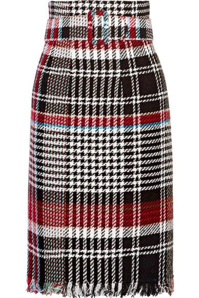 Oscar De La Renta Belted Fringed Checked Cotton-blend Tweed Skirt In Black