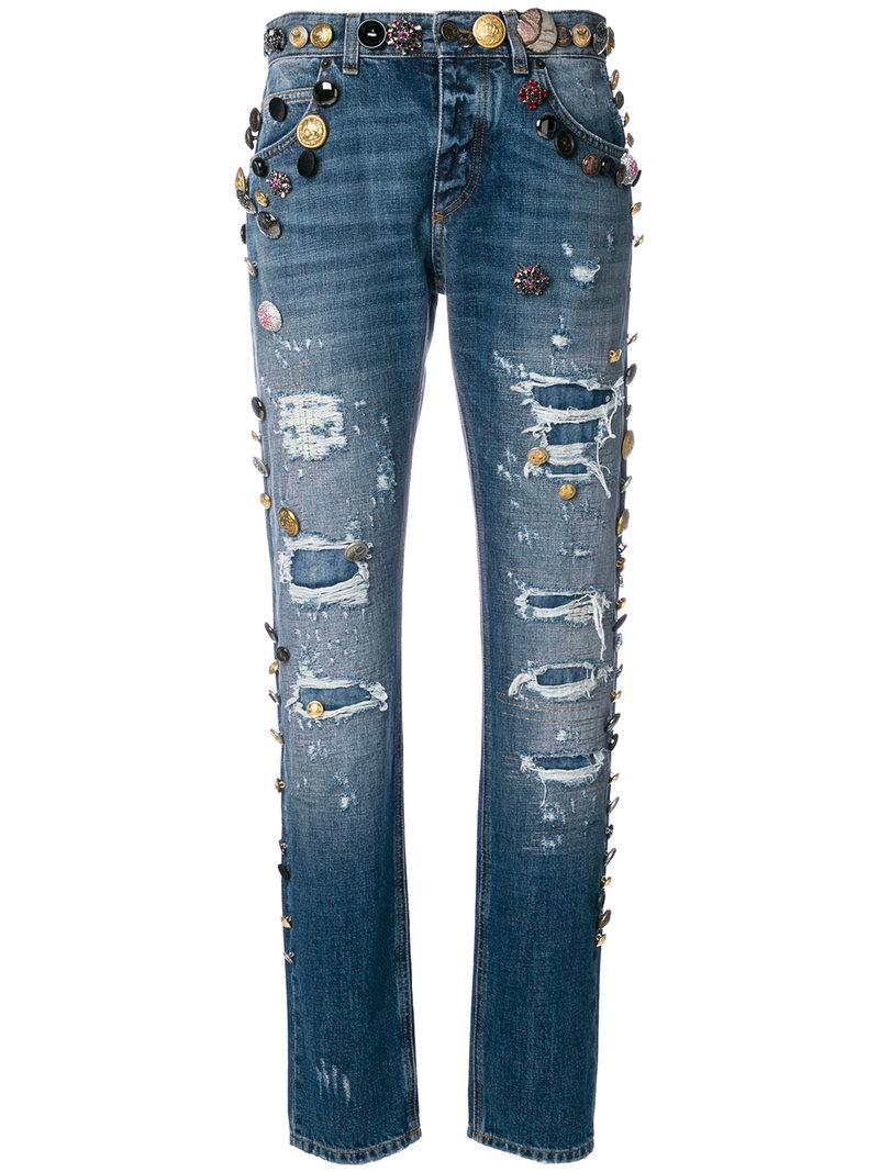 Dolce & Gabbana Distressed Jeans With Embossed Button Detailing ModeSens
