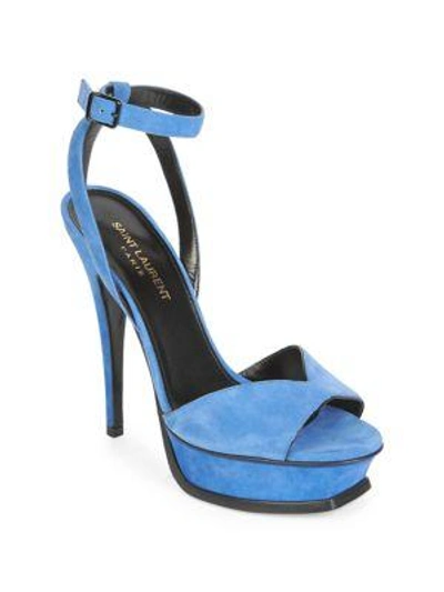 Saint Laurent Tribute Ankle-strap Suede Sandals In Blue Majorelle