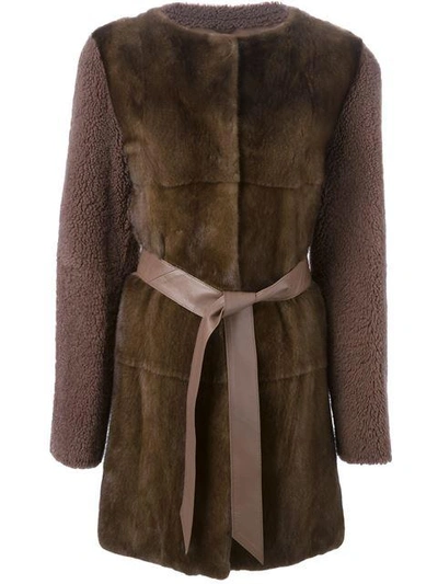Liska Contrasting Front Belted Coat In Brown
