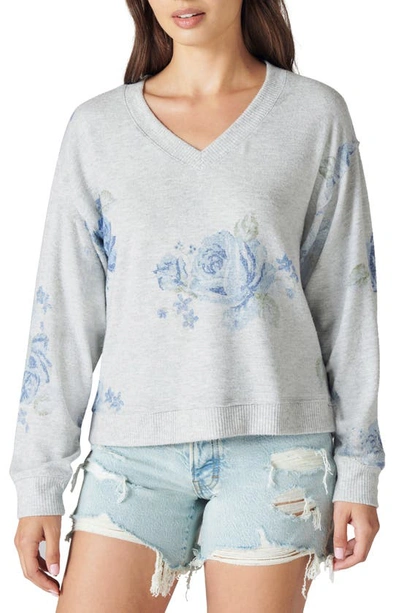Lucky Brand Cloud Jersey Long Sleeve V-neck Top In Blue Floral