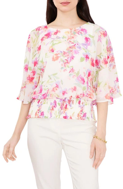 Chaus Smocked Dolman Top In Cream/ Coral/ Fuchsia