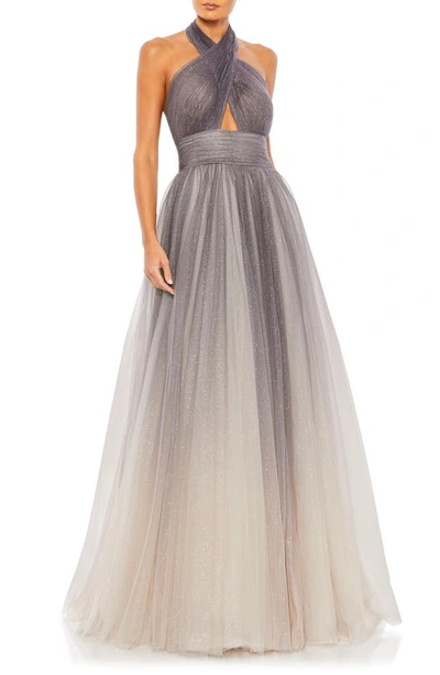 Mac Duggal Sequin Halter Neck A-line Tulle Gown In Charcoal Ombre