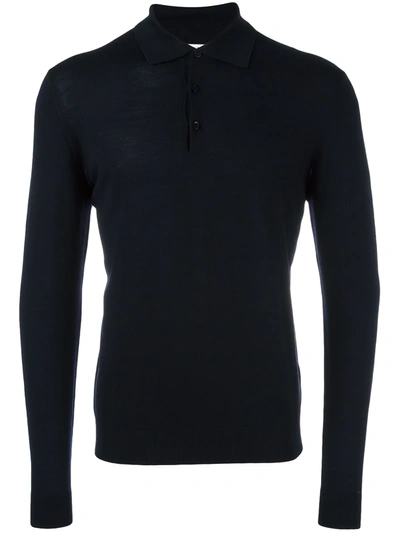 Fashion Clinic Long Sleeved Knitted Polo Shirt In Blue