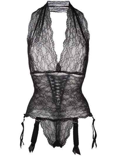 Folies By Renaud Floral Lace Patterned Bodysuit In Black
