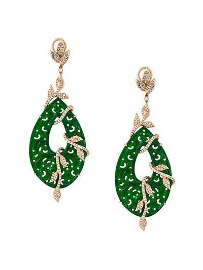 Gemco 18kt Gold Carved Jade Drop Diamond Earrings In Green