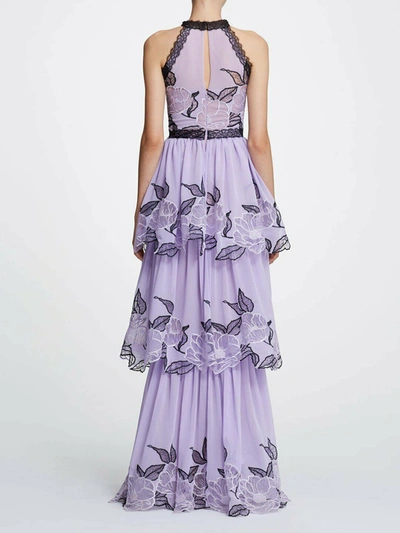 Pre-owned Marchesa Sleeveless Floral Chiffon Tulle Gown Dress Lilac Black Tier Lace 0