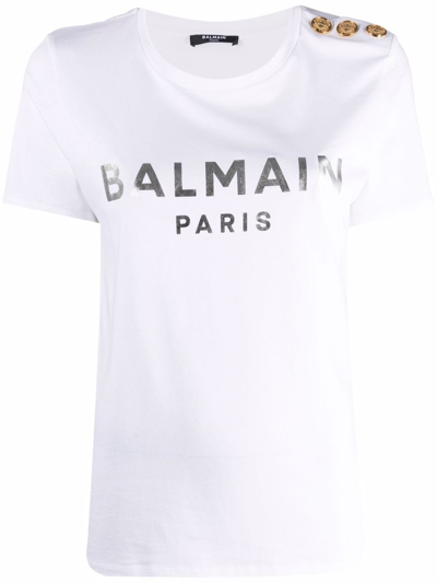 Balmain Silver Logo Print White T-shirt