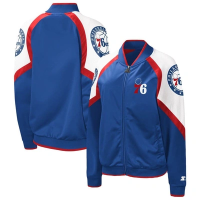 Starter Royal/red Philadelphia 76ers Fan Girl Satin Raglan Full-zip Jacket