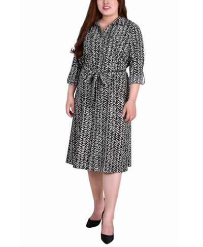 Ny Collection Plus Size Printed Shirt Dress In Black White Zig Zag