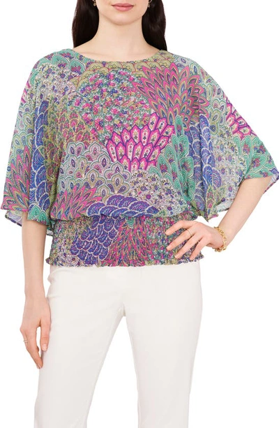 Chaus Dolman Sleeve Smocked Blouse In Lime/ Fuchsia/ Multi
