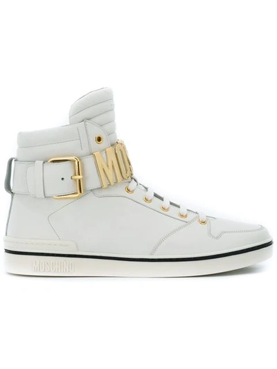 Moschino Logo Plaque Hi-top Sneakers In White Leather | ModeSens